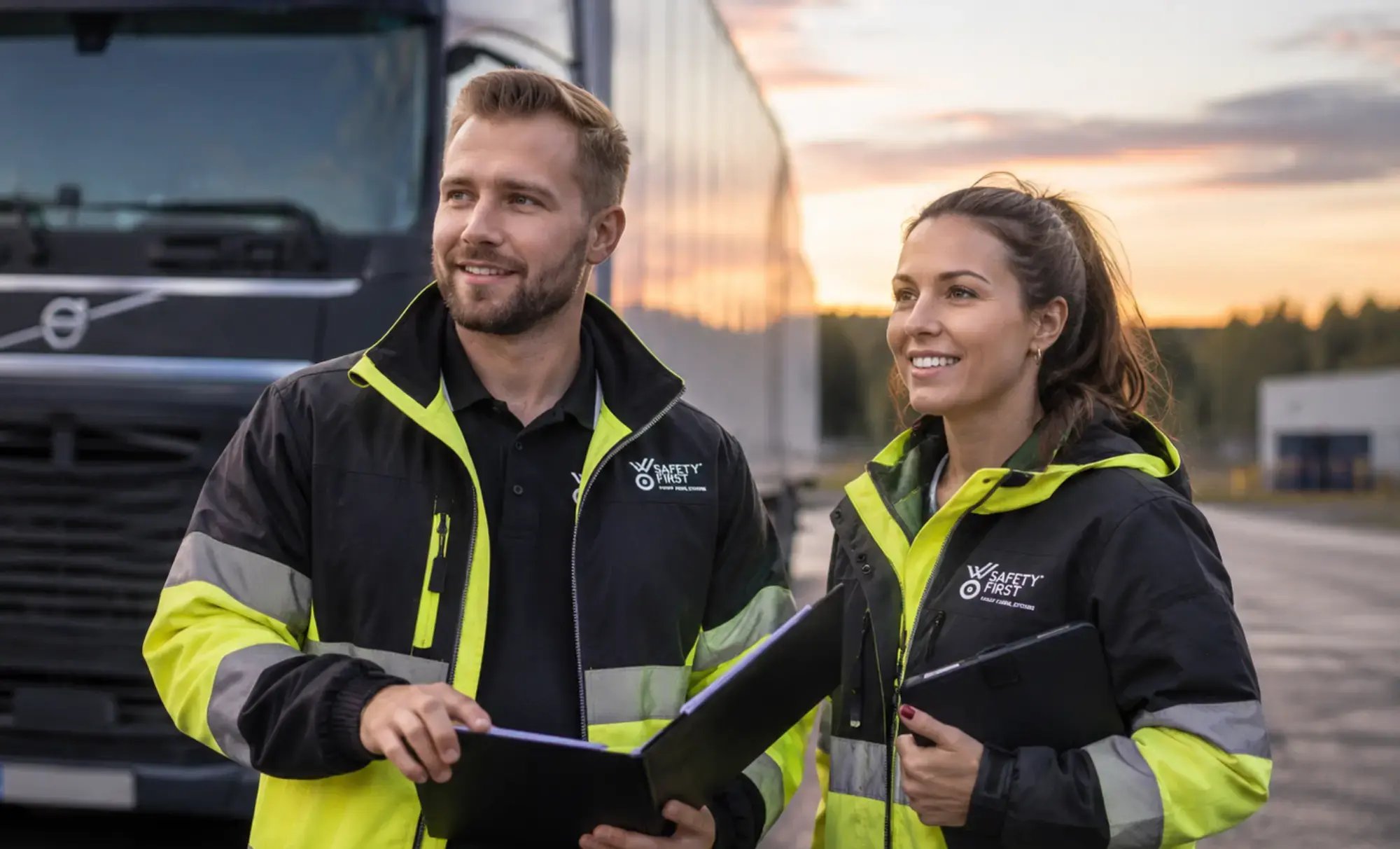 Arbetsmöte inom transportbranschen mellan två kollegor
