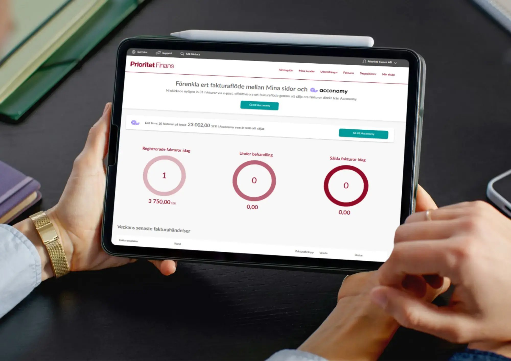 2 företagare tittar på mina sidor Prioritet Finans