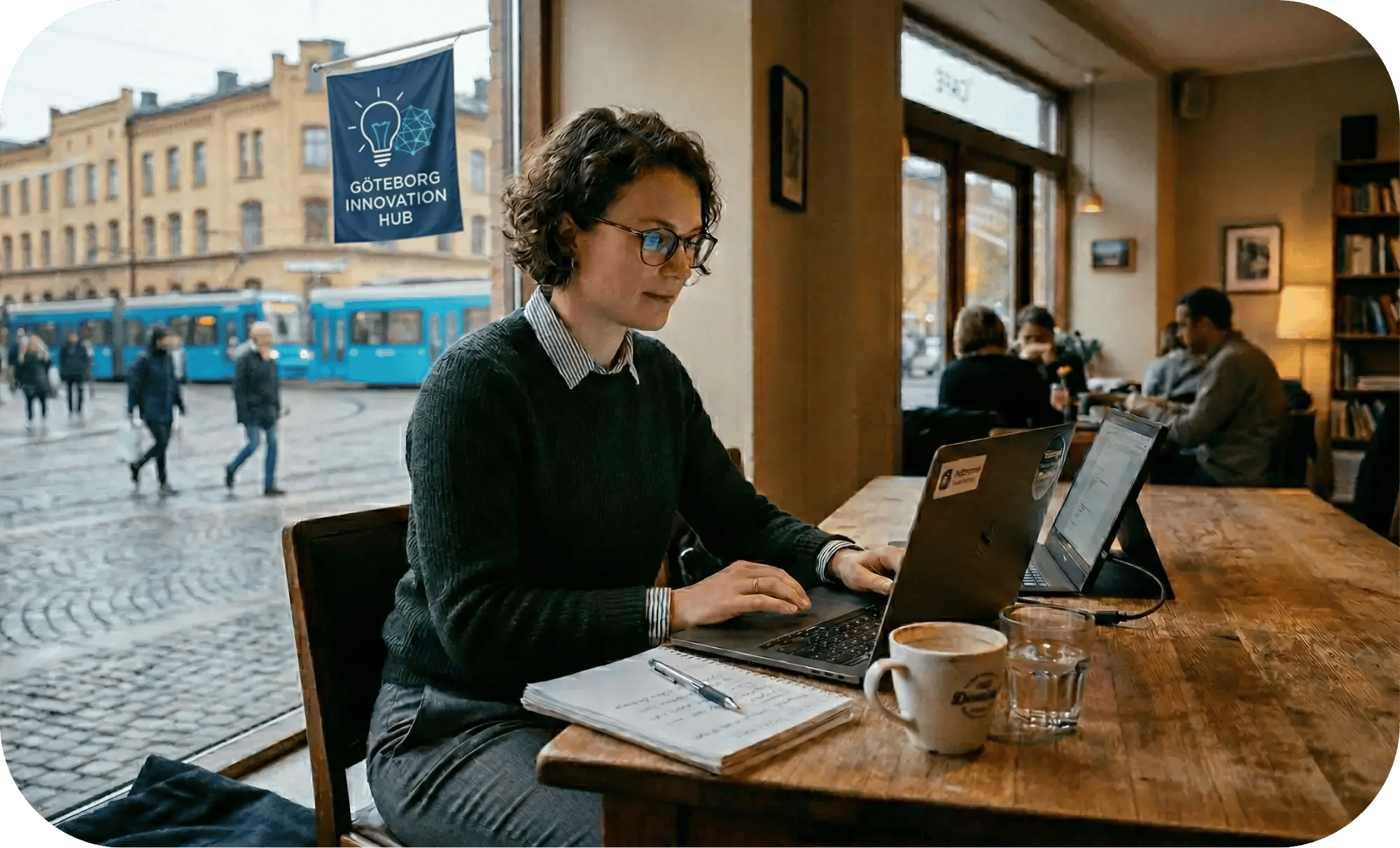 Konsult framför sin laptop på cafe i Göteborg och ansöker om finansiering hos Prioritet Finans
