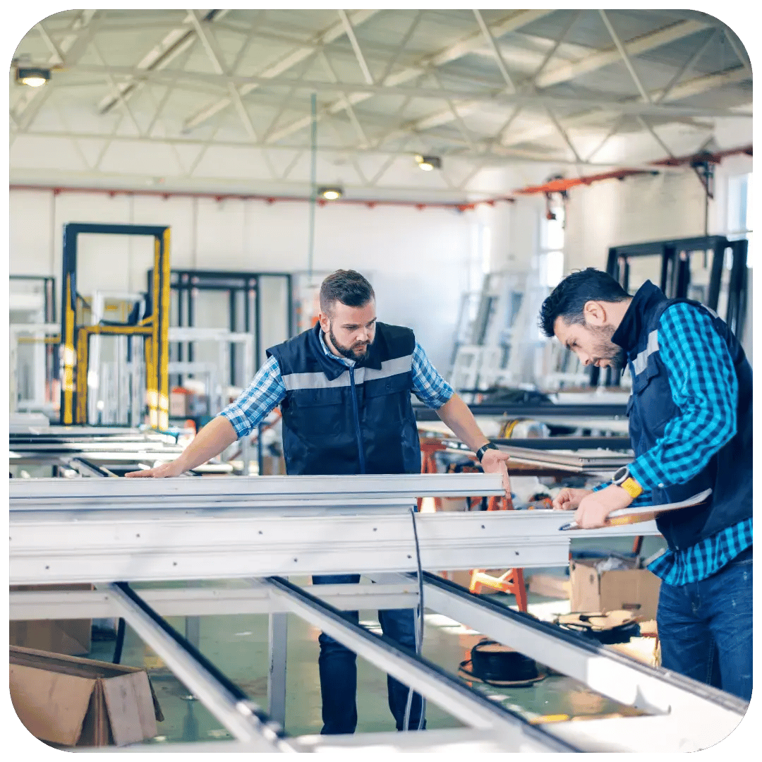 Två företagare inom tillverkning arbetar och diskuterar finansiering med Prioritet Finans