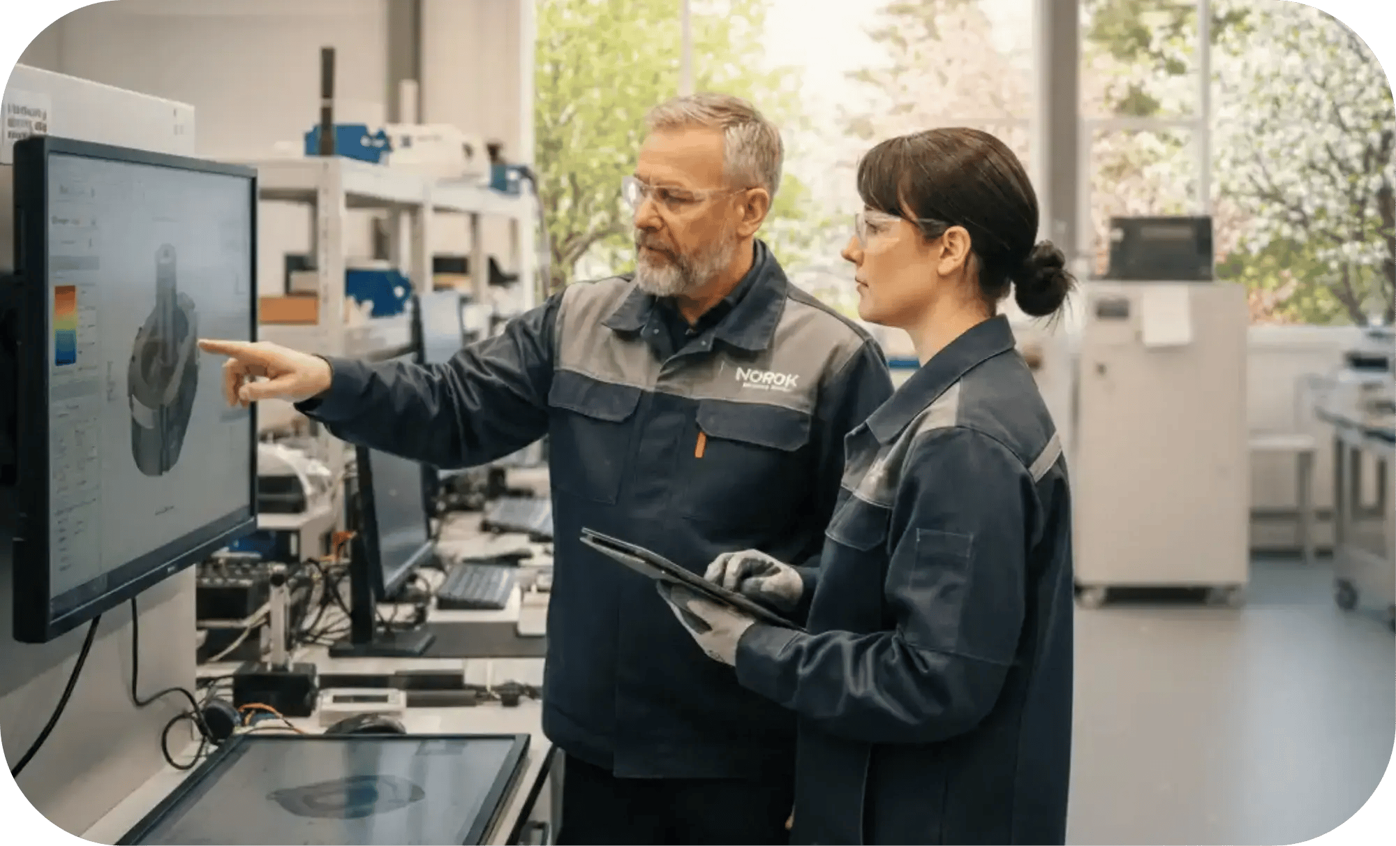 Kollegor inom Tillverkning tittar på en skärm tillsammans och tänker på finansiering