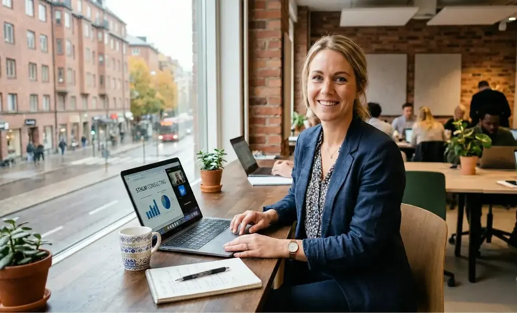 Kvinna vid dator, skakar hand